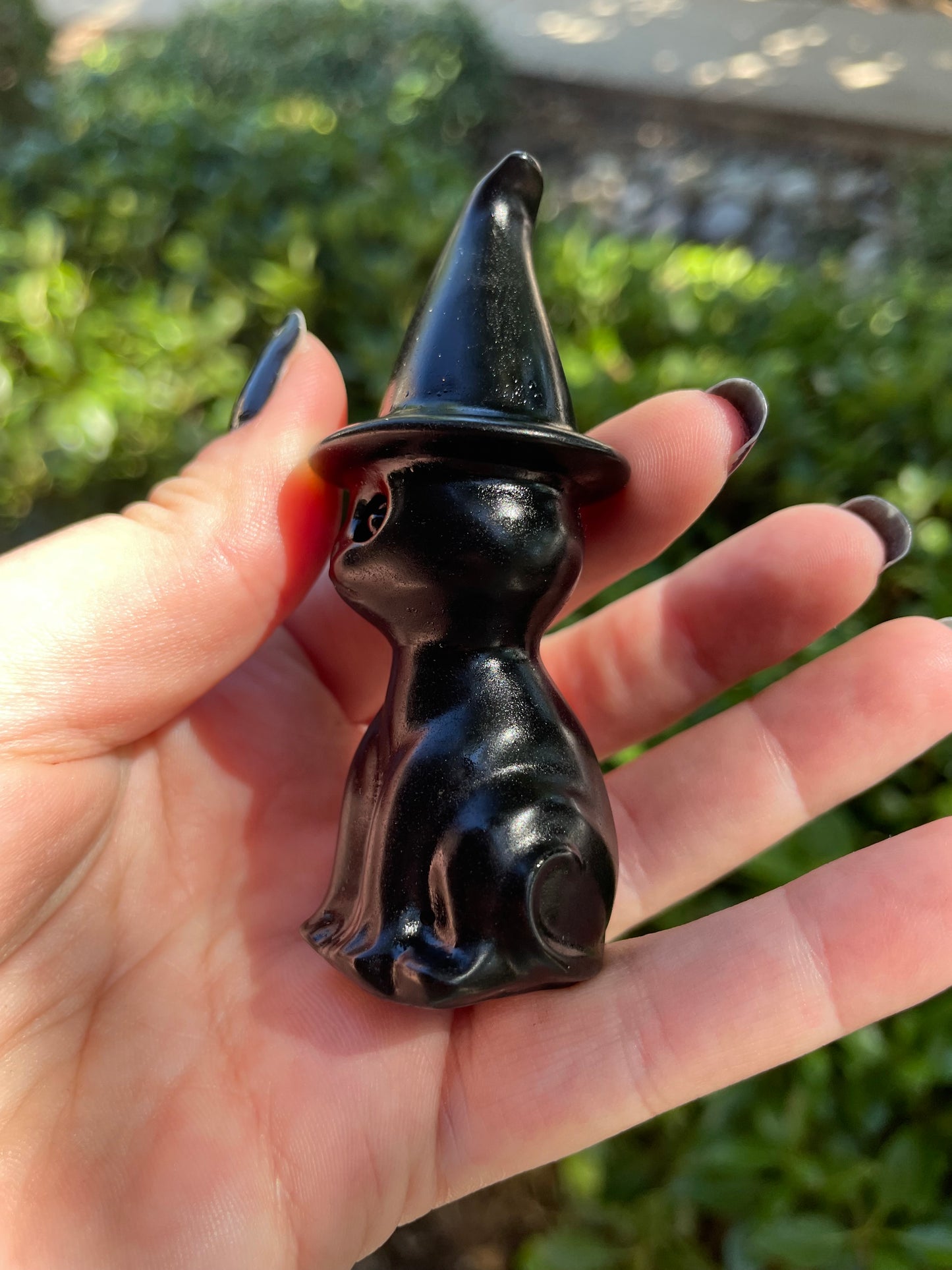 Obsidian Witch Cat Crystal Carving