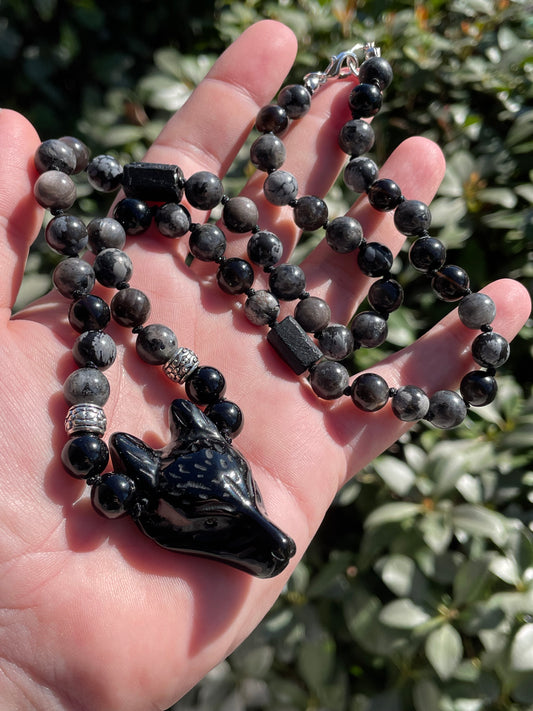 Obsidian Wolf Protection Amulet Necklace