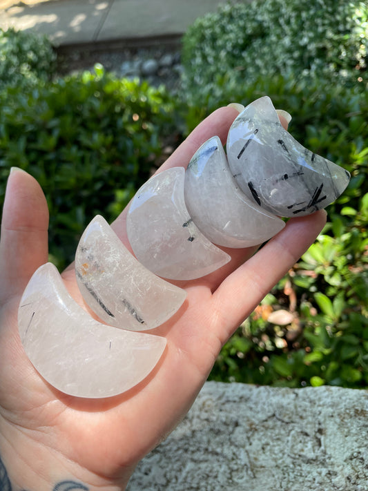 Black Tourmaline in Quartz Crescent Moon Carvings