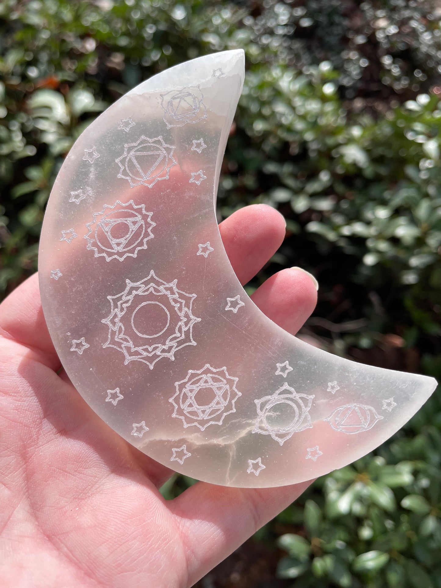 Satin Spar Selenite Chakra Symbol Crescent Moon Crystal Carving
