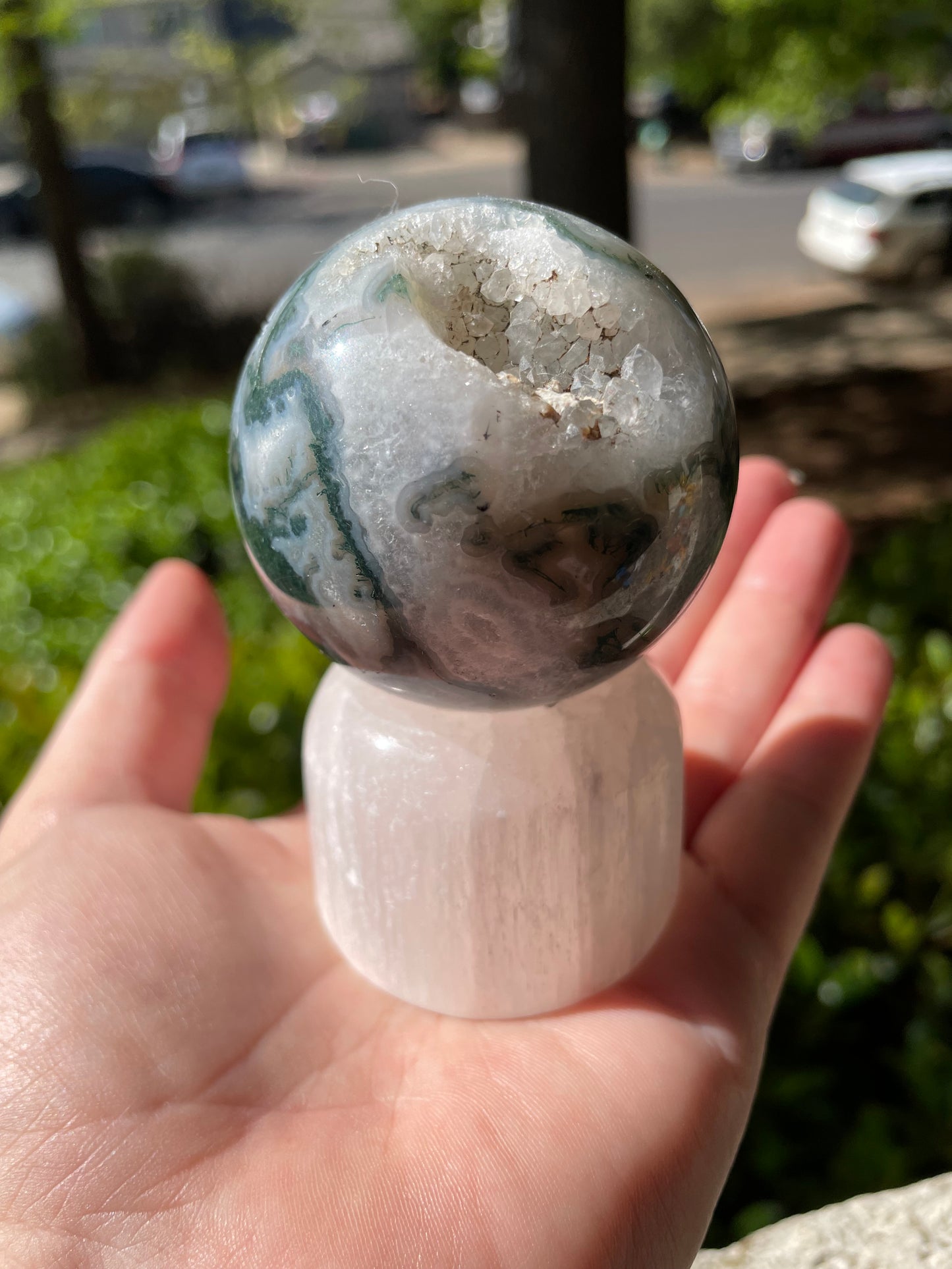 Satin Spar Selenite Sphere Holder