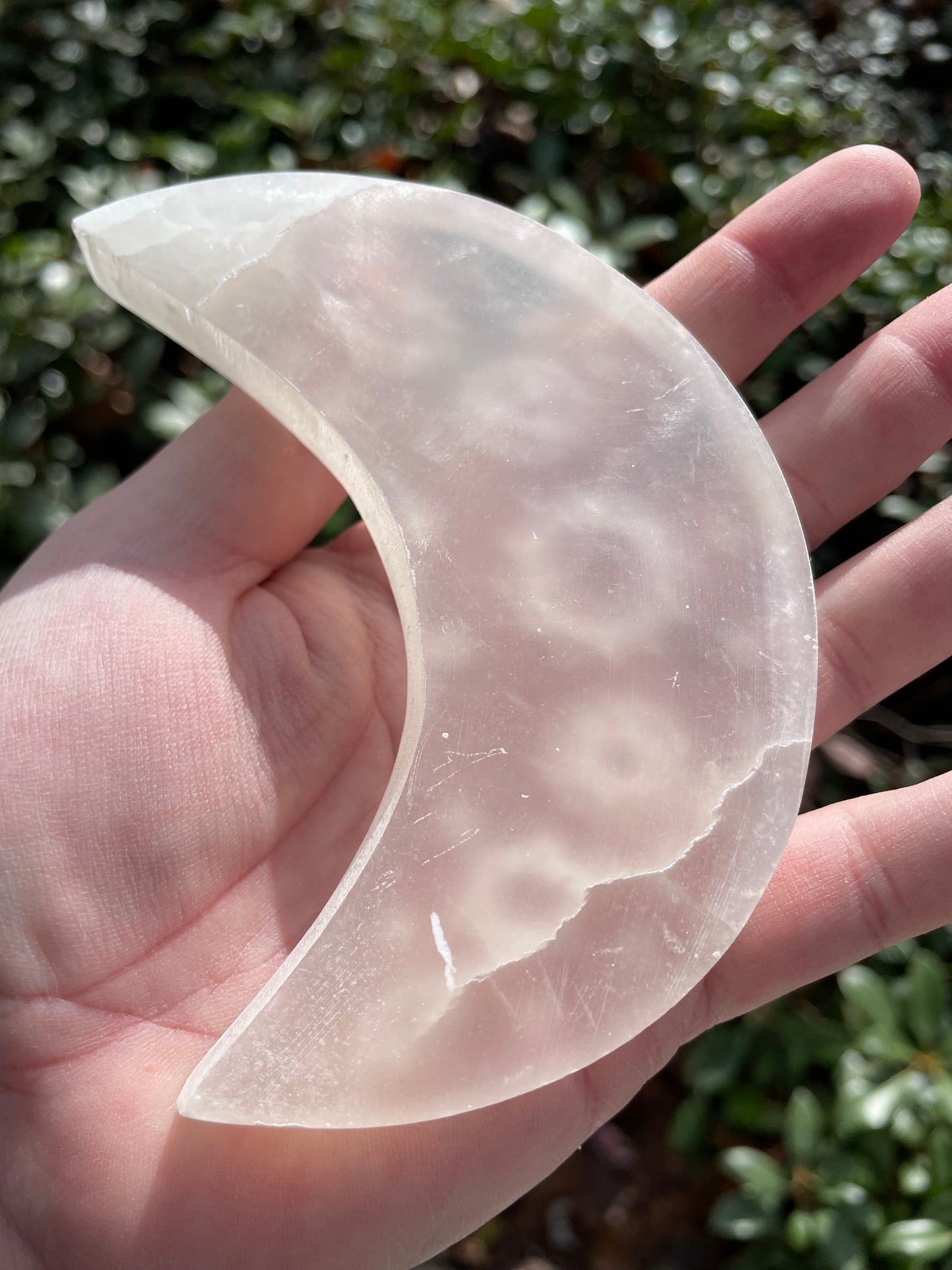 Satin Spar Selenite Chakra Symbol Crescent Moon Crystal Carving