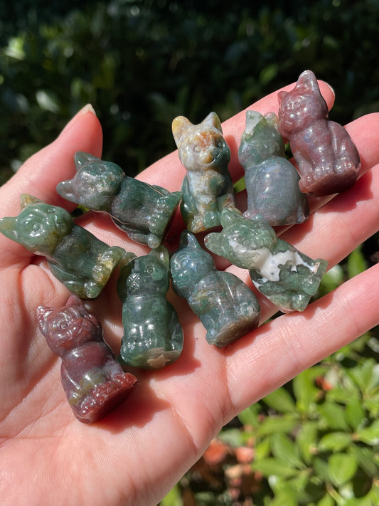 Moss Agate Cat Carvings