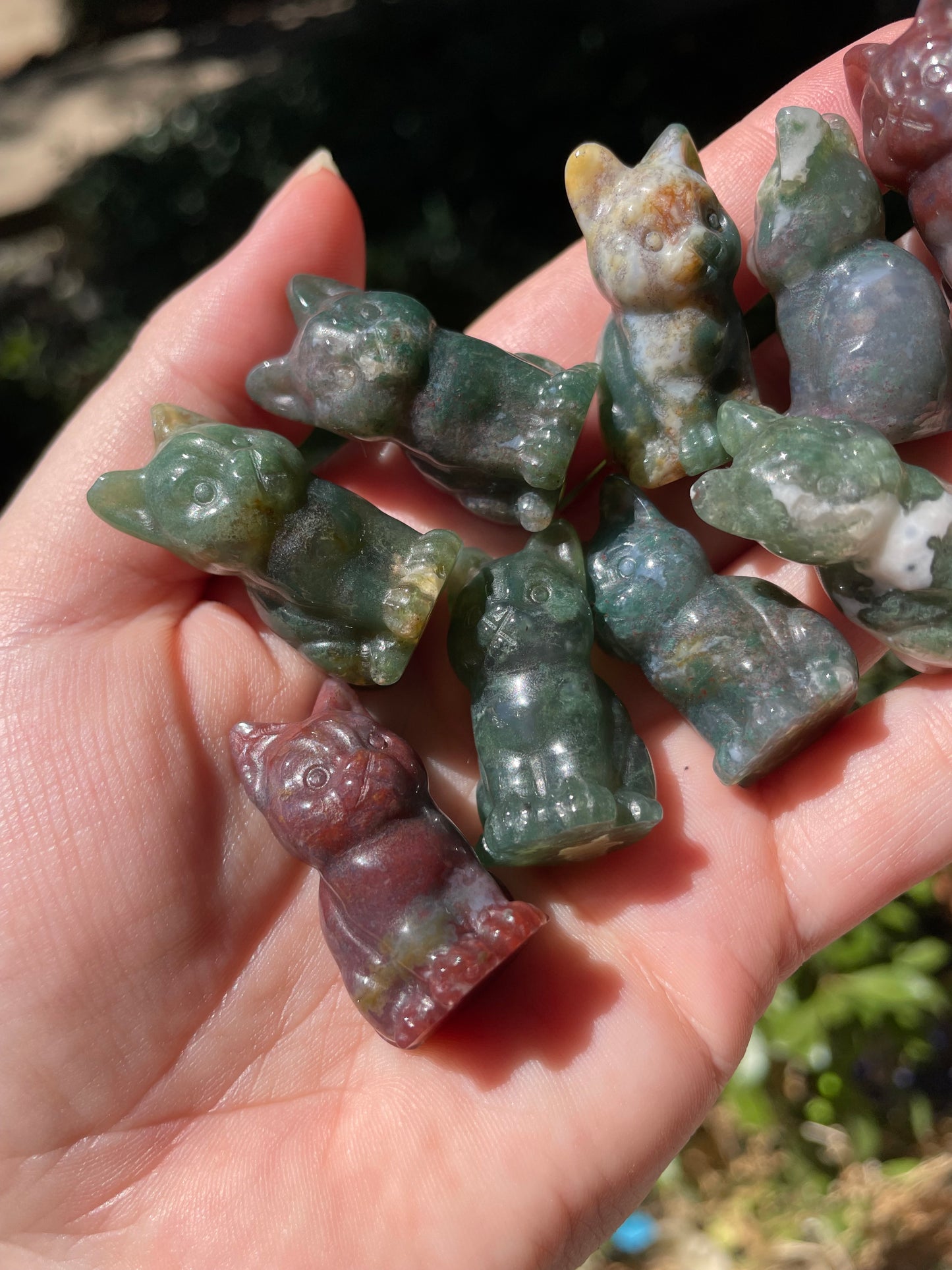 Moss Agate Cat Carvings