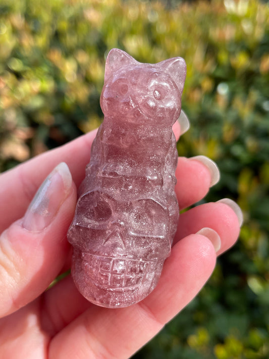 Raspberry Aventurine Cat on a Skull Crystal Carving